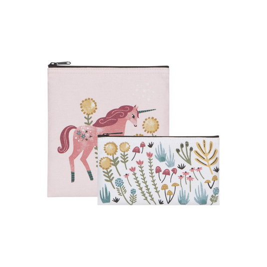 Set of two reusable snack bags featuring a pink unicorn on the larger food bag and a sweet flower pattern on the smaller food bag.  Both bags have food safe lining making these snack bags good to last all school year and beyond!