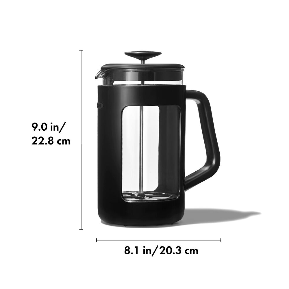 Black French press coffee maker with dimensions indicated on a white background