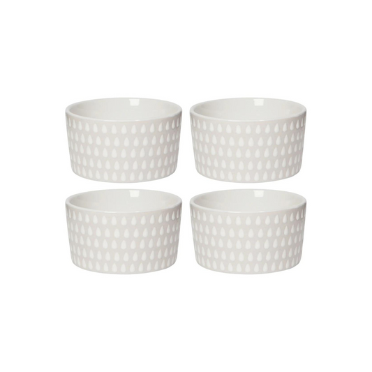 Set of 4 white ramekins with a subtle raindrop pattern. Dishwasher, microwave, and oven-safe ramekin dishes and bowls.